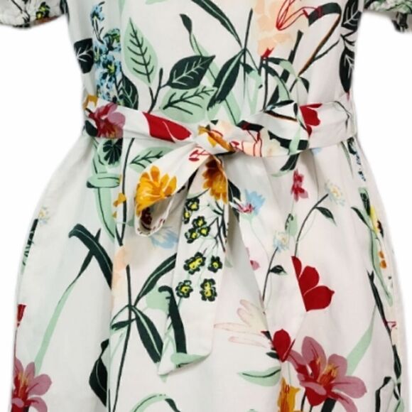 LOFT White Multicolor Floral Puff Sleeve Tent Linen Dress Size 0P Tie Waist - Picture 4 of 12
